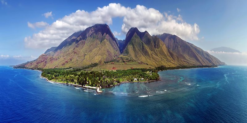 Aerial view of West Maui, Hawaii from the sea to the mountain top.