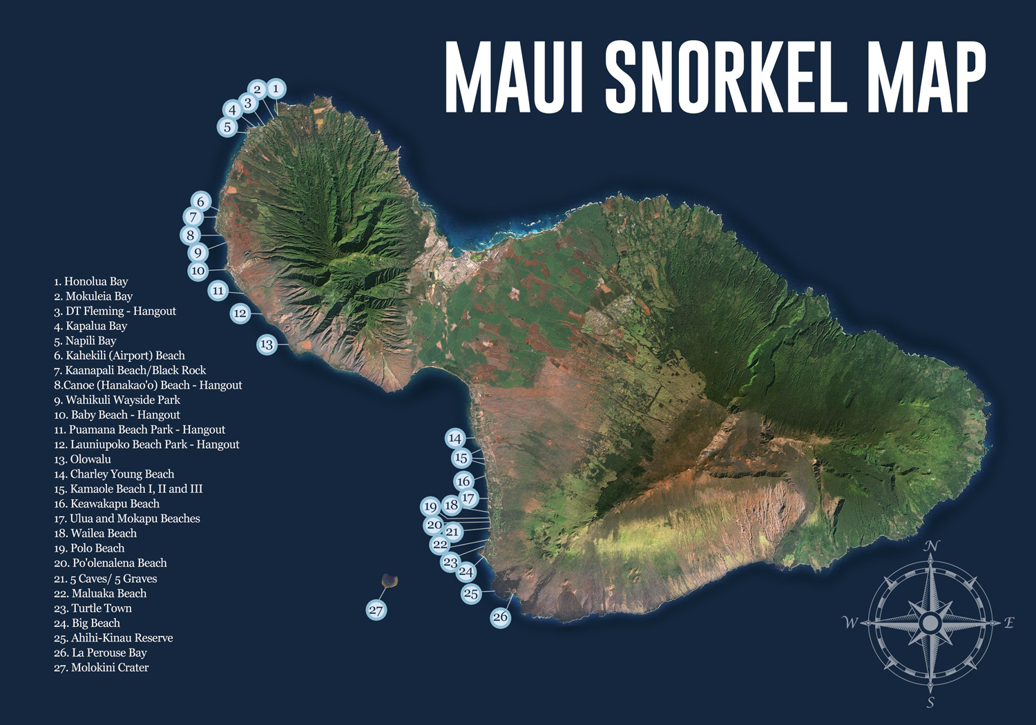 Maui Snorkel Map Maui snorkel map listing 27 spots to visit.