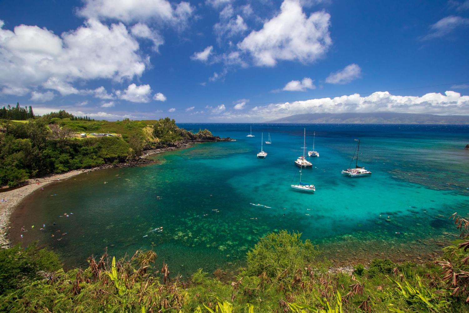 Snorkeling boats moored in clear water at Honolua Bay in Maui.