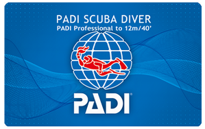 PADI scuba diver card rated to 12 meters or 40 feet with a professional.