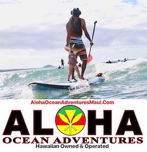 Aloha Ocean Adventures logo and paddleboarding photo.