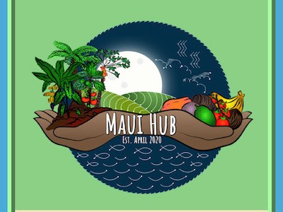 Maui Hub logo with illustrated local produce and island imagery.